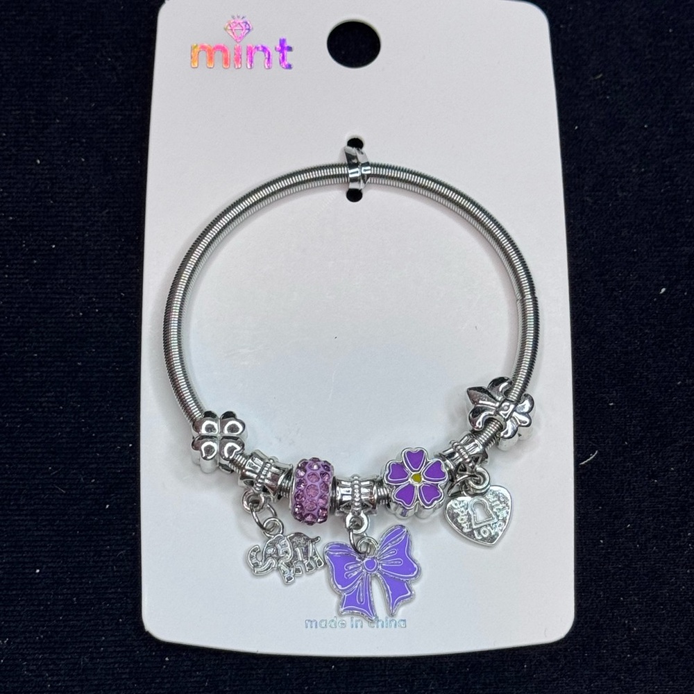 Mint Silver Tone Sparkling Charm Stretch Bracelet Purple Bow